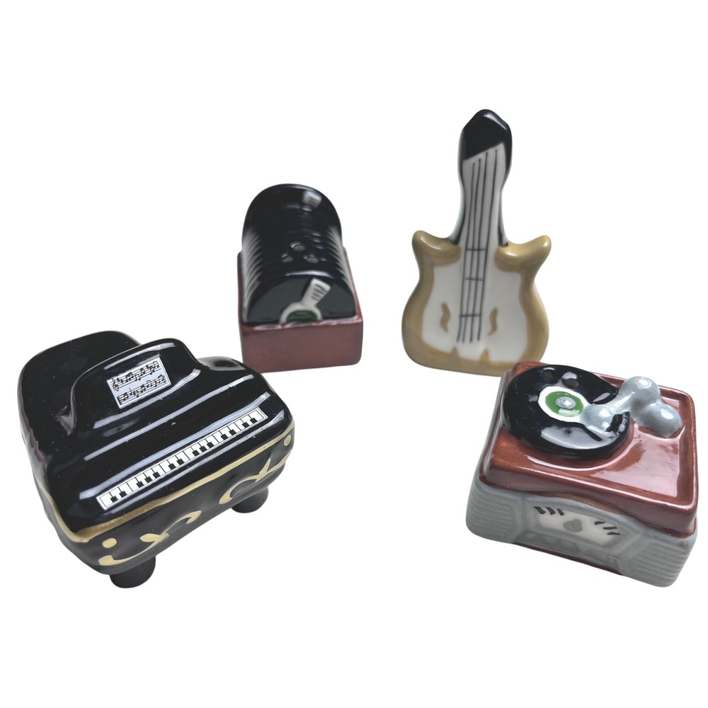 Cracker Barrel Music Salt and Pepper Shakers Piano Jukebox Guitar Turntable Set
